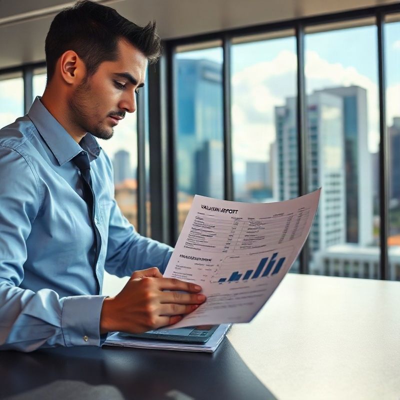Real estate analyst reviewing a printed valuation report