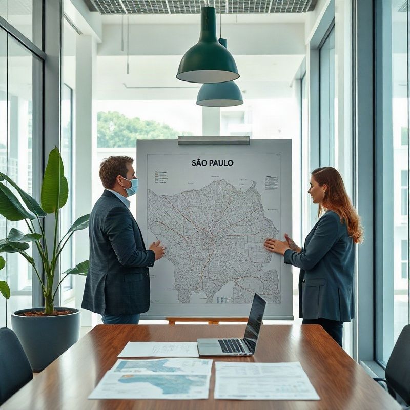Two professionals reviewing a city map of São Paulo districts