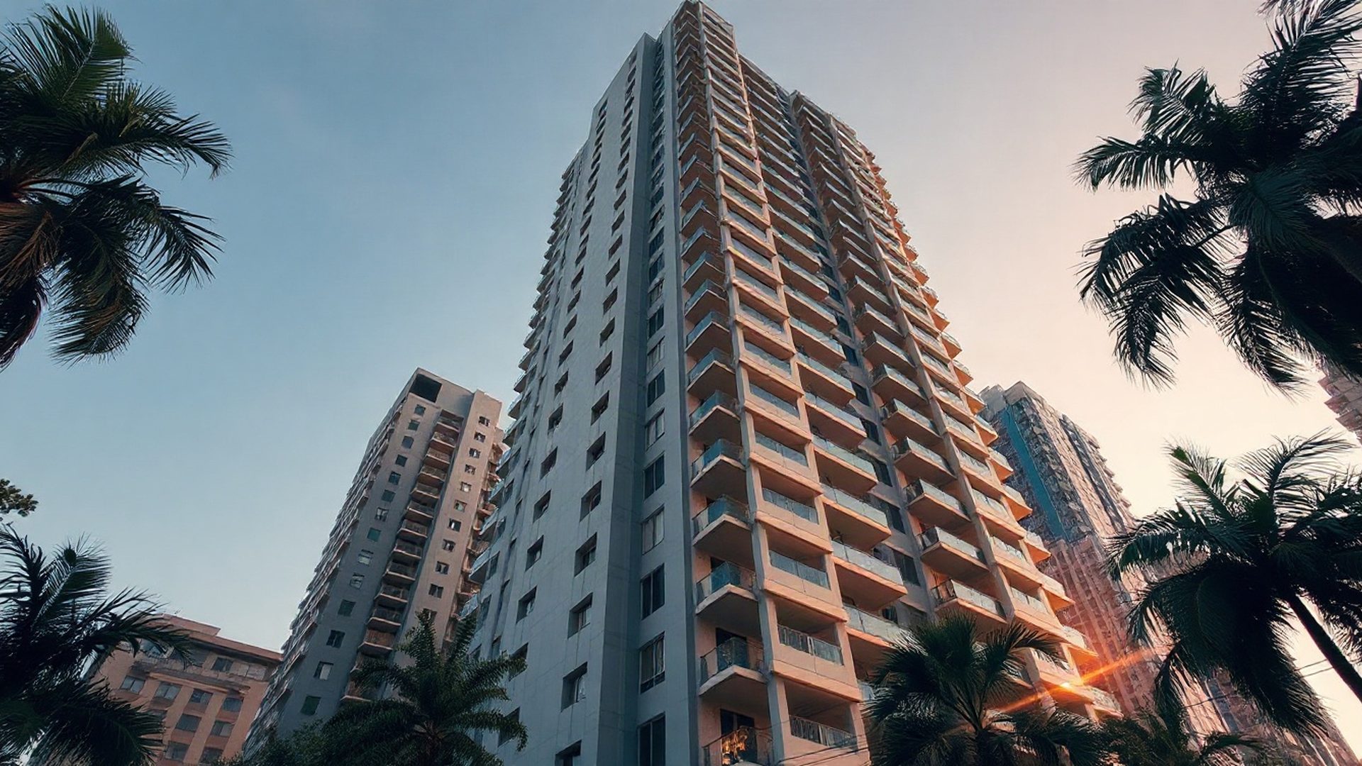 Contemporary São Paulo high-rise apartment facade at golden hour